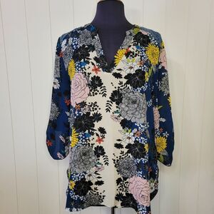 Zac & Rachel Floral Boho VNeck Tunic Top Hippie XL Lace Crochet Roll Tab Sleeve